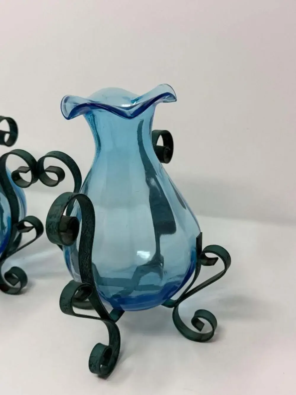 Set of 2 Vintage Blue Blown Glass Vases with Wrought Iron Scroll Stands